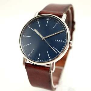 Skagen Men's Ultra Slim Blue 40mm Dress Watch Brown Leather with New Battery